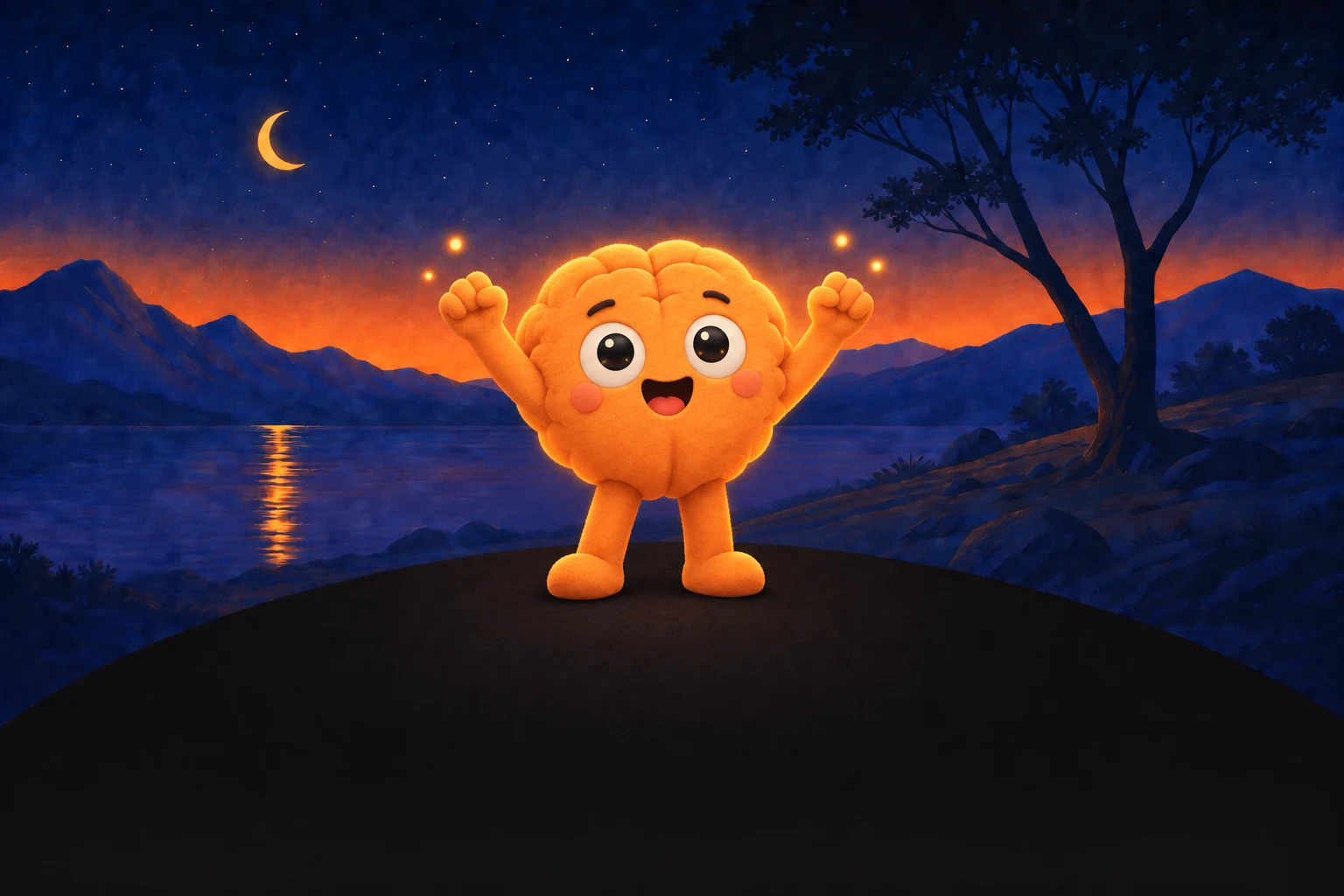 Unfry’s cheerful orange brain character celebrating outdoors beside a mountain lake