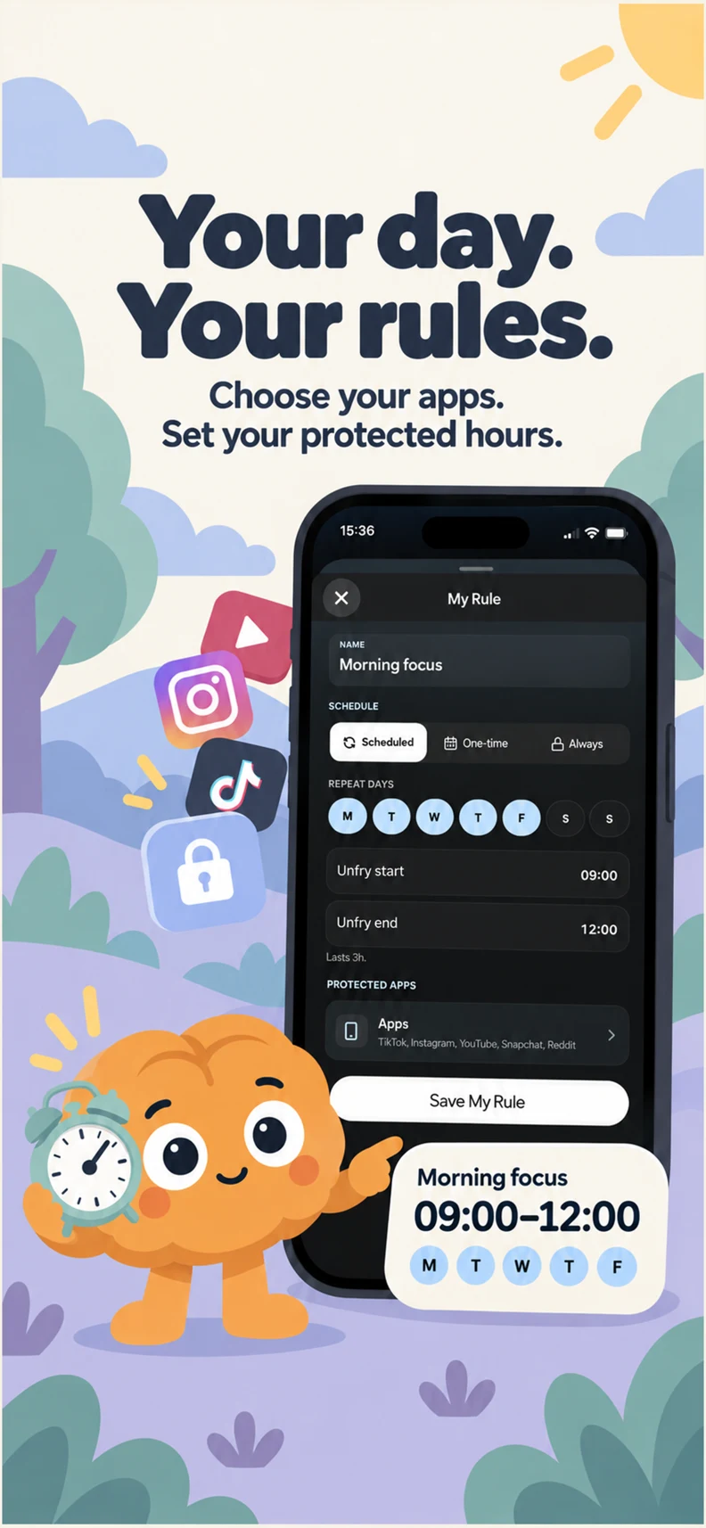 Choose protected days, times, and apps
